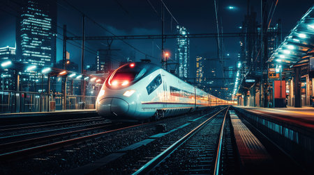 A high-speed train at night, illuminated by station lights as it stops for passengers, with the dark city skyline in the background, creating a dynamic and vibrant scene.の素材