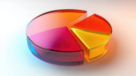 A modern 3D pie chart with colorful, glass-like slices rotating slightly, highlighting key data points in a business or financial presentation setting.の素材