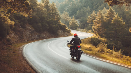 A motorcyclist riding through a winding mountain road, with scenic views of forests and valleys, capturing the freedom and adventure of the open road.の素材