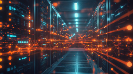 A server room filled with racks of servers, with glowing lines connecting them, symbolizing the backbone of a digital network that powers data transfer and communication.の素材