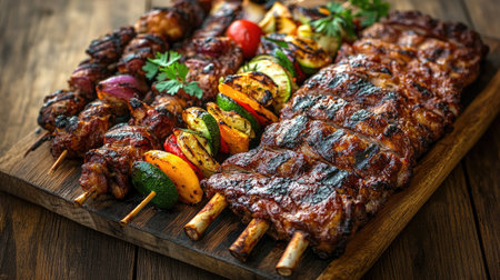A sizzling barbecue platter loaded with juicy ribs, grilled chicken wings, and colorful vegetable skewers, all garnished with fresh herbs and served on a rustic wooden table.の素材