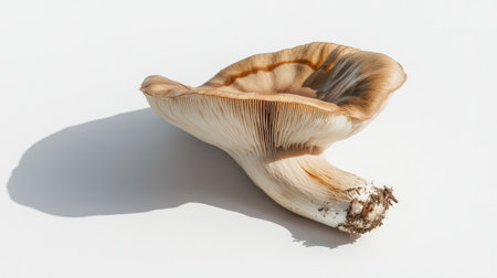 A single Eringi mushroom lying on a white background, with a shadow cast to show its three-dimensional form and natural contours.の素材