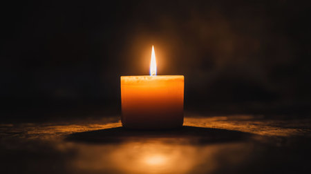 A single candle burning in a dark room, with its flame creating a dramatic and peaceful contrast against the surrounding shadows.の素材