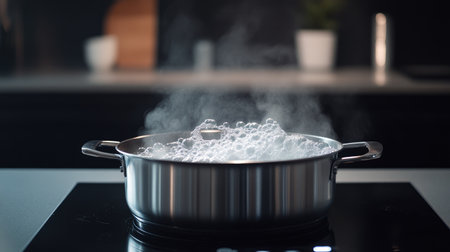 A shot of a large pot of water boiling on an electric stove, with steam and bubbles clearly visible, highlighting the modern kitchen setup.の素材