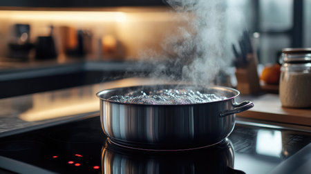 A shot of a large pot of water boiling on an electric stove, with steam and bubbles clearly visible, highlighting the modern kitchen setup.の素材