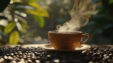 A steaming cup of coffee placed on a table covered with coffee beans, creating a rich sensory experience that captures the essence of fresh, aromatic coffee.の素材