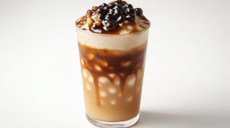 A single serving of brown sugar bubble tea with a swirl of caramelized syrup and dark tapioca pearls, elegantly displayed on a white backdrop.の素材