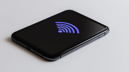 A smartphone displaying a strong Wi-Fi signal icon on its screen, placed on a white background with the phone slightly angled to highlight the connectivity feature.の素材