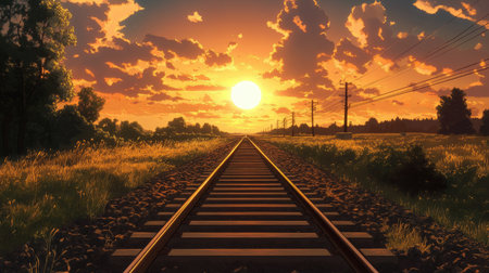 A sunset scene with railway tracks leading off into the horizon, bathed in golden light and casting long shadows across the tracksの素材