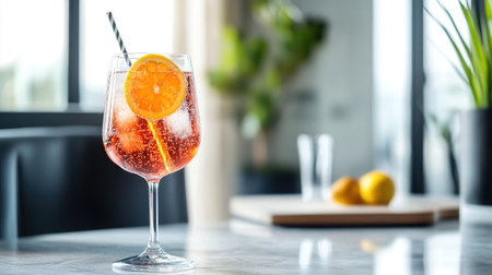A stylish image of a glass of sparkling soda with a fancy straw and fruit slice, set on a polished table with a minimalistic, modern decor in the background.の素材