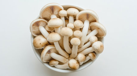 A top-down view of a bowl filled with Shimeji mushrooms, showcasing their natural clustering and delicate appearance, set against a clean white background.の素材