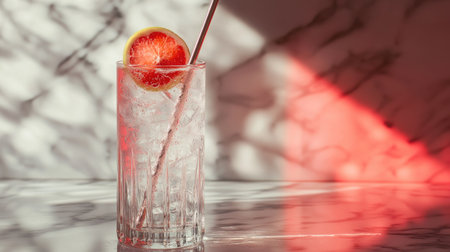 A stylish image of a glass of sparkling soda with a fancy straw and fruit slice, set on a polished table with a minimalistic, modern decor in the background.の素材