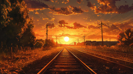 A sunset scene with railway tracks leading off into the horizon, bathed in golden light and casting long shadows across the tracksの素材