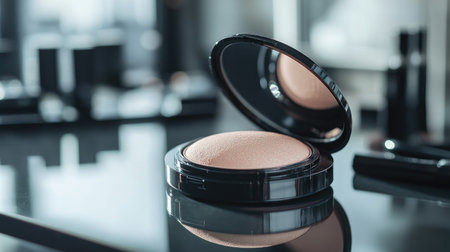A stylish close-up of a powder puff and compact powder on a modern, sleek makeup table, with subtle lighting that highlights the texture and quality of the products.の素材