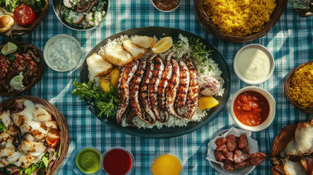 A top-down shot of a picnic spread featuring grilled squid alongside various sides like rice, salad, and dipping sauces, set on a checkered tableclothの素材