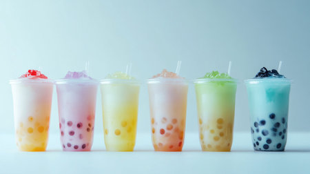 A stylish arrangement of multiple cups of bubble tea with different flavors and colors, all set against a plain white background for a clean, modern look.の素材