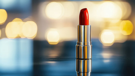 A stylish image of a lipstick tube with a reflective surface, placed on a glass table, with the reflection and background creating a modern and elegant look.の素材