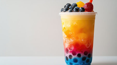 A stylishly decorated bubble tea with a gradient of colors and a topping of fresh fruit, showcased on a minimalist white backgroundの素材