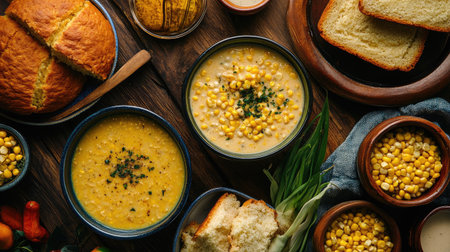 A stylish shot of corn-based dishes like corn chowder and corn bread on a dining table, showcasing the versatility and appeal of corn in different recipes.の素材