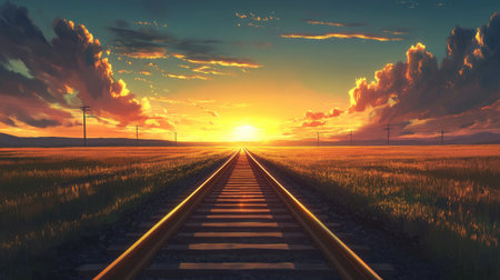 A sunset scene with railway tracks leading off into the horizon, bathed in golden light and casting long shadows across the tracksの素材
