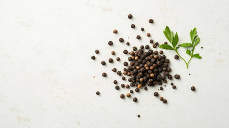 A top-down view of a fresh peppercorn plant with black peppercorns on a white countertop, showcasing the raw ingredient used in various cuisines.の素材