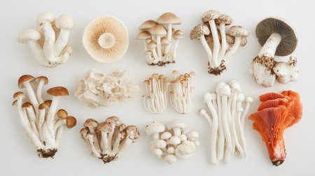 A top-down view of an assortment of colorful and elegantly shaped mushrooms, including varieties like shiitake and enoki, placed on a clean white surfaceの素材