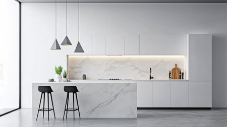 A stylish minimalist kitchen with sleek cabinets, a marble countertop, and a simple geometric pendant light, set against a white, uncluttered backdrop.の素材