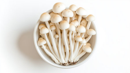 A top-down view of a bowl filled with Shimeji mushrooms, showcasing their natural clustering and delicate appearance, set against a clean white background.の素材