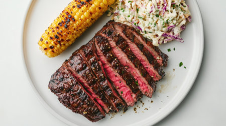 A top-down shot of a juicy steak on a white plate, sliced and served with a side of creamy coleslaw and grilled corn on the cob, all set against a clean white backdrop.の素材