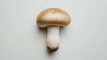 A top-down shot of a single, pristine mushroom with a perfect cap and stem, set against a white surface to highlight its natural elegance and simplicity.の素材