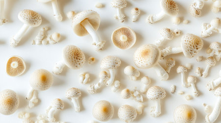 A top-down view of Shimeji mushrooms scattered on a white surface, highlighting their unique form and texture, with a focus on their intricate details.の素材