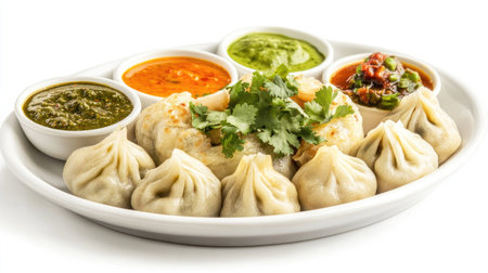 A traditional Indian momo platter with dumplings filled with spiced meat or vegetables, served with a variety of chutneys and garnished with fresh cilantro, against a white background.の素材