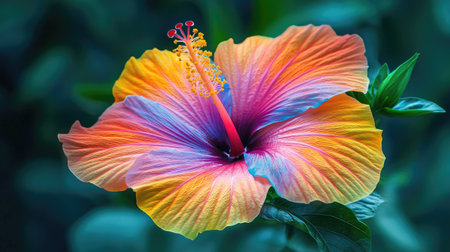 A vibrant close-up of a colorful hibiscus flower with bold, contrasting petals and intricate details, set against a lush green backdrop.の素材