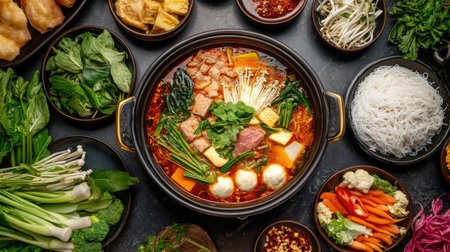 A traditional Thai hot pot (suki) with a variety of ingredients like vegetables, tofu, and meat, simmering in a flavorful broth at the center of the table.の素材