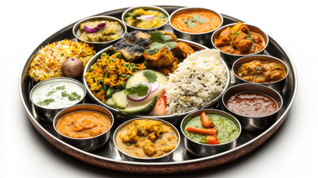 A traditional Indian thali with different regional specialties, such as biryani, curries, and side dishes, arranged neatly on a large metal platter with a white background.の素材