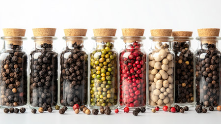 A vibrant image of an assortment of pepper varieties, including black, green, and pink peppercorns, displayed in glass jars against a white background.の素材