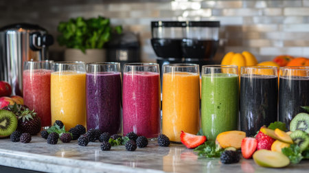 A variety of fruit smoothies in different colors and flavors, displayed on a kitchen counter with a backdrop of fresh fruits and smoothie-making equipment.の素材
