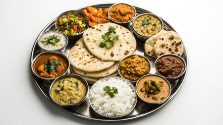 A traditional Indian thali with a variety of dishes including curry, dal, rice, naan, and pickles, arranged on a stainless steel tray against a clean white background.の素材