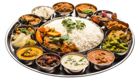 A traditional Indian thali with different regional specialties, such as biryani, curries, and side dishes, arranged neatly on a large metal platter with a white background.の素材