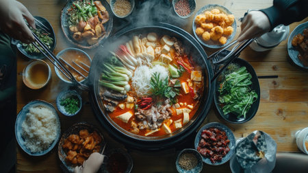 A traditional Thai hot pot (suki) with a variety of ingredients like vegetables, tofu, and meat, simmering in a flavorful broth at the center of the table.の素材