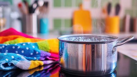 A vibrant image of a pot of water boiling with colorful kitchen towels and utensils in the background, emphasizing the cooking process and kitchen environmentの素材