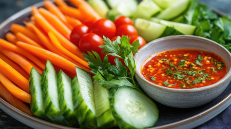 A vibrant platter of fresh vegetables including carrots, cucumber, and cherry tomatoes, served with a bowl of spicy chili paste for dippingの素材