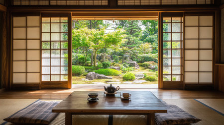 A tranquil Japanese tea room with traditional wooden elements, a low table with tea set, and sliding paper doors opening to a serene garden.の素材