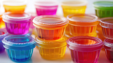 A vibrant image of individual jelly cups in different flavors, stacked on a white surface with their glossy, colorful layers visible through the transparent cups.の素材