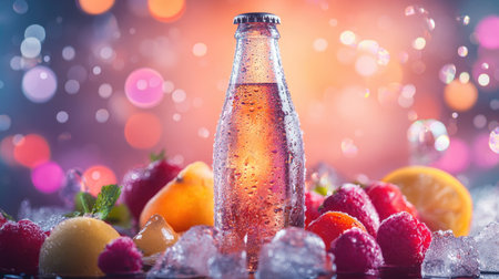 A vibrant scene of a chilled bottle of sparkling soda surrounded by ice and fruit garnishes, with droplets of condensation on the bottle and a festive setting.の素材