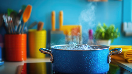 A vibrant image of a pot of water boiling with colorful kitchen towels and utensils in the background, emphasizing the cooking process and kitchen environmentの素材