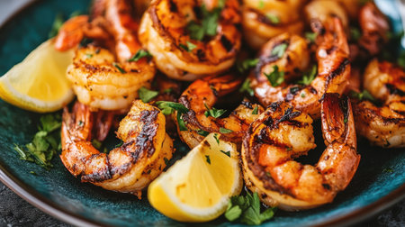 A vibrant plate of succulent grilled shrimp, arranged neatly with lemon wedges and fresh herbs, highlighting the juicy and flavorful texture.の素材
