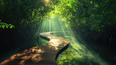 A walkway or boardwalk winding through a mangrove forest, with sunlight filtering through the dense canopy and reflecting off the water below.の素材