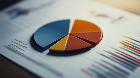 A visual display of a pie chart alongside a line graph, showing diversified portfolio allocations and risk analysis for a financial investment strategy meeting.の素材