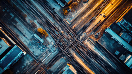 An aerial shot of a railway track intersection, showing the complex network of rails and switches, with a train approaching in the background.の素材